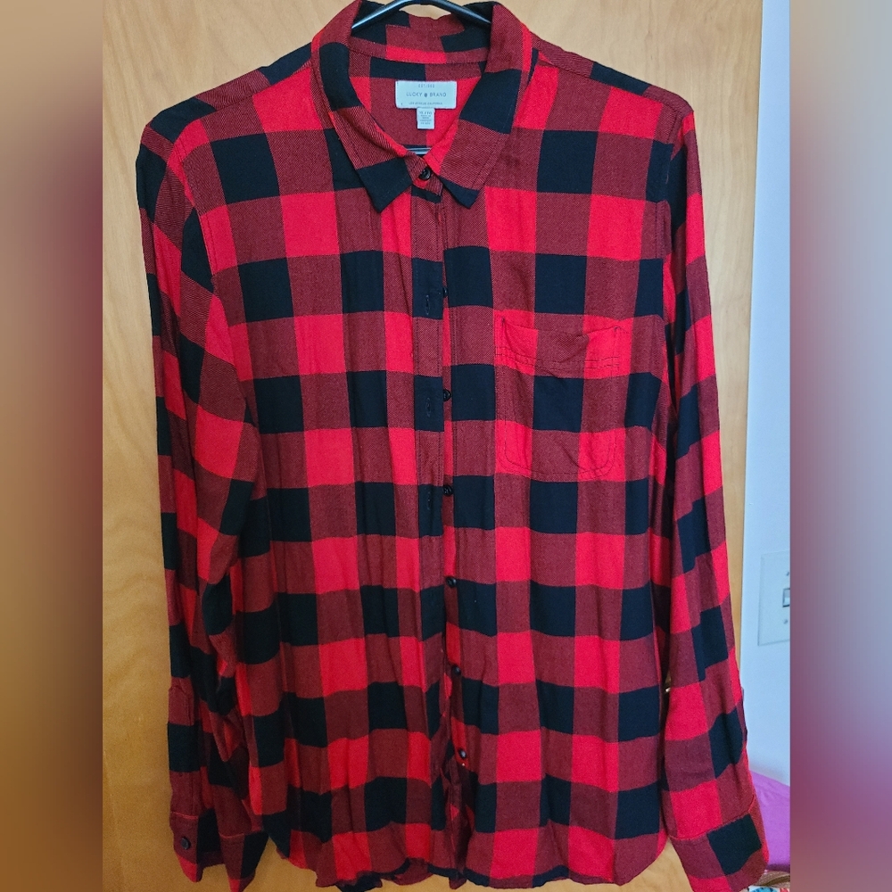 Lucky Brand, Red And Black Buffalo Check Button Down Blouse